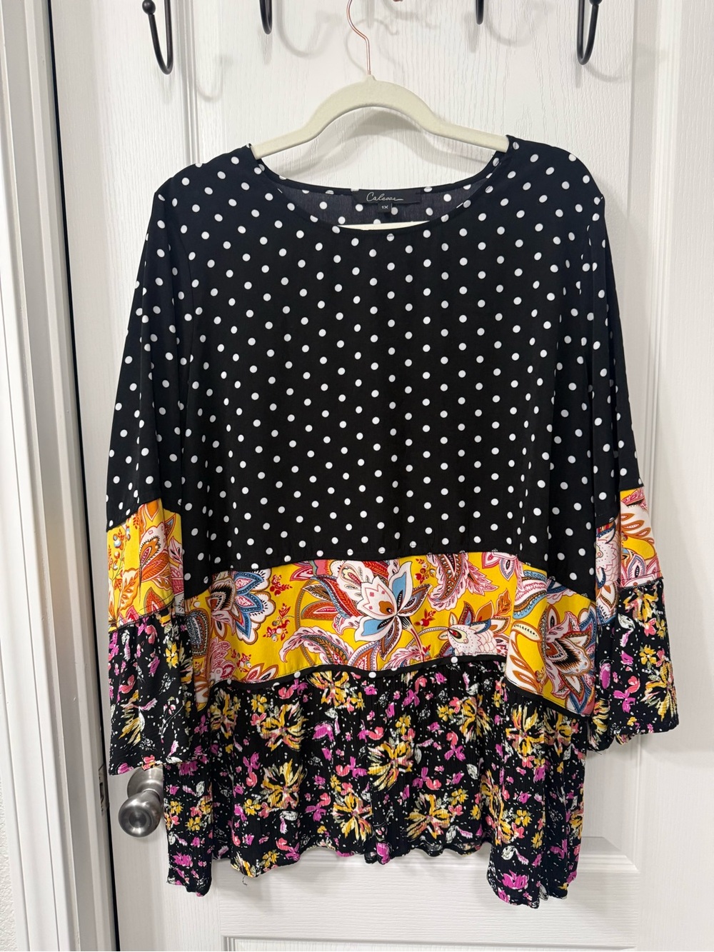 CALESSA Black White Polka Dot Mixed-Print Blouse with Yellow Paisley Panel